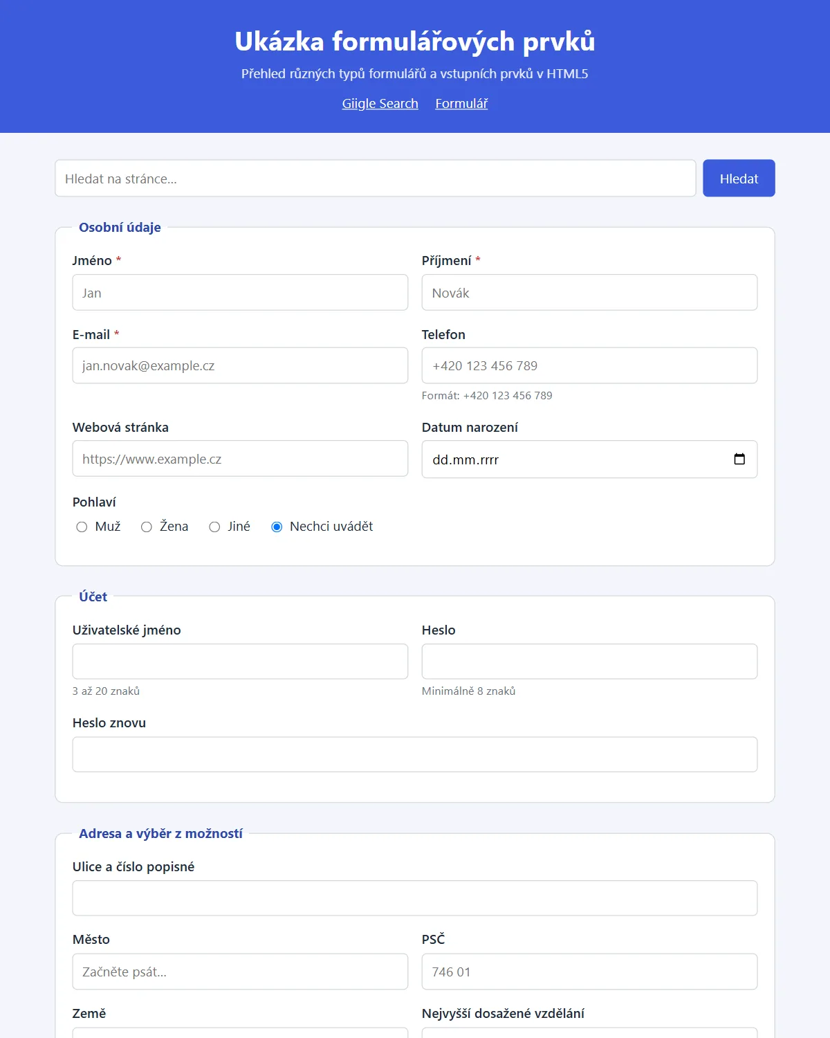 Giggle forms page: personal details, account and address fields in blue and white.
