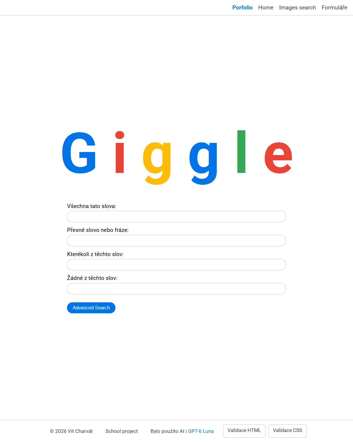 Giggle advanced search: four text fields under the Giggle logo.