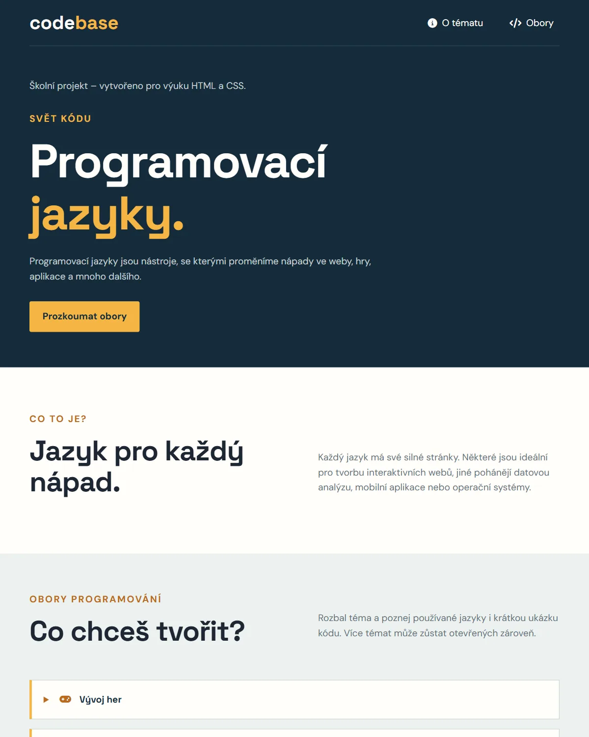 Home page of the Programming Languages website: a large heading on dark blue and a yellow button.